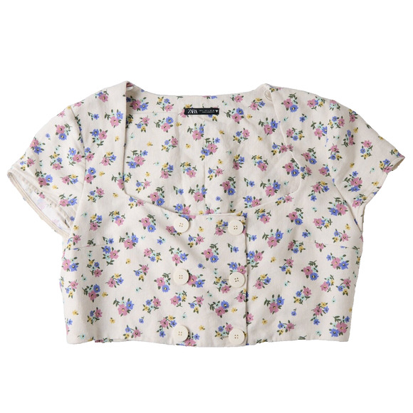 Zara Tops - Zara Crop Blouse Top Womens L Romantic Floral Square Neck Cottage Retro Regency